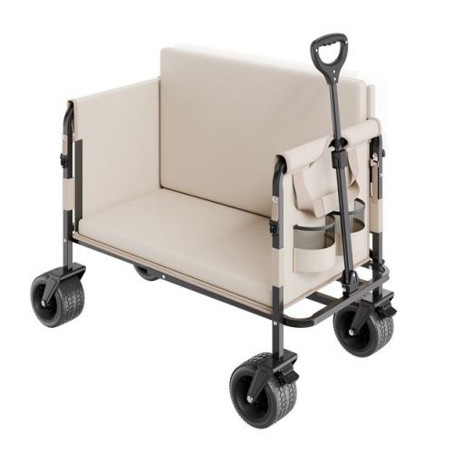 VEVOR Collapsible Folding Wagon, 550lb Load & 220L, 2 in 1 Foldable Wagon Cart Converts to Bench, Utility Wagon with Adjustable Handle, Beige