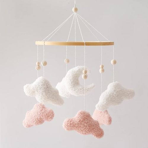 EERKEOD Baby Crib Mobile Bunny Nursery Mobile for Boys Girls Teddy Velvet Mobile Nursery Decor for Infant Bedroom Hanging Baby Mobile for Bassinet Newborn Baby Gift（Pink Clouds）