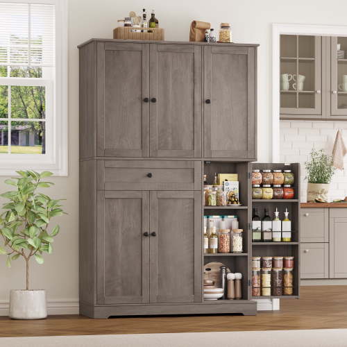 Homfa Kitchen Pantry Storage Cabinet, 68" Food Pantry Cabinet with Drawer and Door Shelf, 6 Door Freestanding Cupboard Buffet for Dining Room, Wash Gray