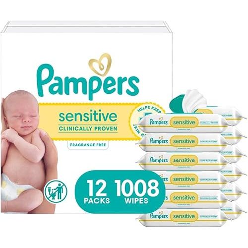 Pampers Sensitive Baby Wipes, Water Based, Hypoallergenic and Unscented, 8 Flip-Top Packs, 4 Refill Packs (1008 Wipes Total)