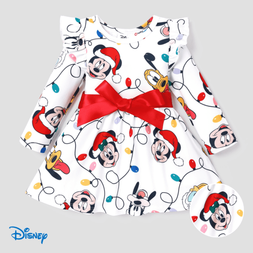 Disney Mickey Girls Christmas Dresses Pluto Goofy Donald Graphic Print Bow Gifts Outfits Sizes 3M-5Y