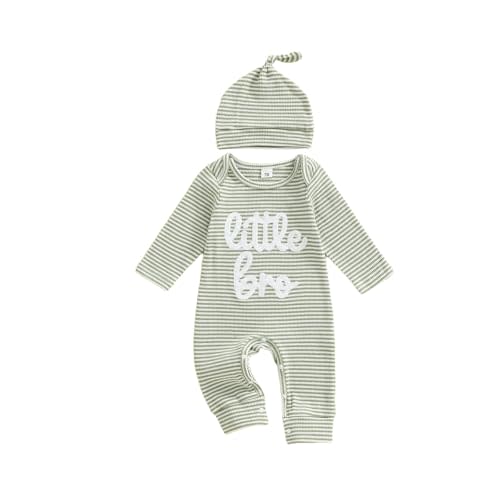 ZAXARRA Newborn Boy Fall Stripe Romper Letter Embroidery Long Sleeve Round Neck Full Length Jumpsuit with Hat