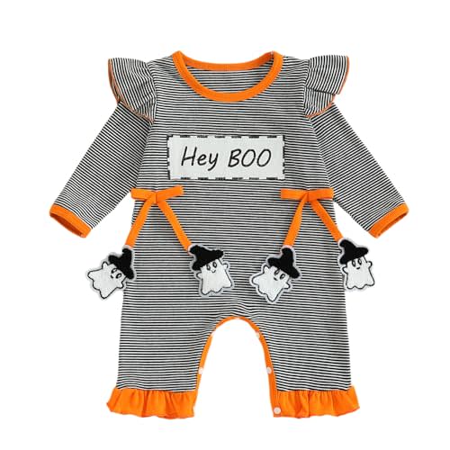 Covvoliy Newborn Baby Girl Halloween Outfit Pumpkin Embroidery Striped Print Long Sleeve Romper Cute Infant Jumpsuit