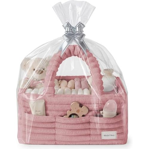 Blissful Diary Flannel Diaper Caddy Organizer with Gift Packaging, Portable Nursery Storage Basket, Gift for Baby Shower, Newborn Boys & Girls Essentials, Registry Search Must Haves, Blush Pink