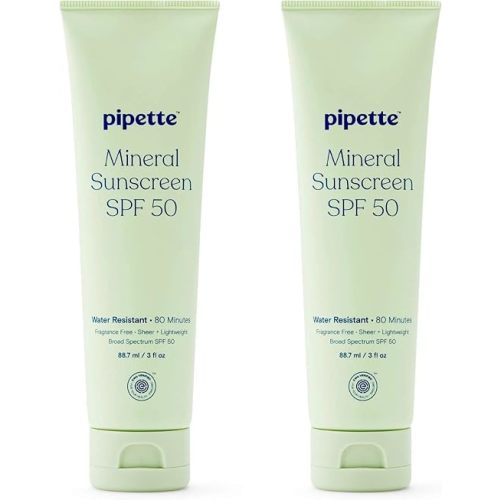 Pipette Mineral Sunscreen SPF 50 Lotion, 3 Oz (Pack of 2), Water‑Resistant 80 Minutes, 100% Non‑Nano Zinc Oxide, Lightweight & Blendable, Gentle for Babies & Whole Family