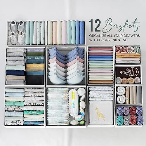Drawer Organizer Clothes Set of 12 White-Grey - Dresser Organizer For Nursery, Bedroom, Closet - Perfect Baby Clothes Organizer and Storage & General Nursery Organization or Dresser Drawer Organizers