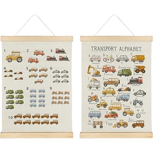 Nrleey Transport Alphabet Numbers Wall Decor with Wooden Poster Hanger - Cars Room Decor for Boys, Alphabet Numbers Learning Wall Art Posters for Boys Room Playroom Classroom, 12x16 Inch Set of 2