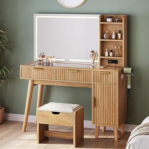 Fluted Vanity Desk with 35.4" HD Lighted Mirror,Dressing Table with 3 Drawers & Shelves,47.2" Big Modern Vanity Desk with Mirror and Lights,Bedroom Vanity,Nature Oak