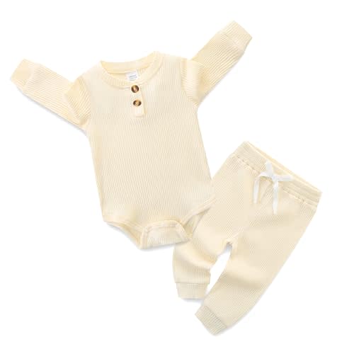 JingleBaBa Unisex Baby Outfits Long Sleeve Onesie Snug Ribbed Cotton Bodysuit Infant Solid Tops Pants 2PCS