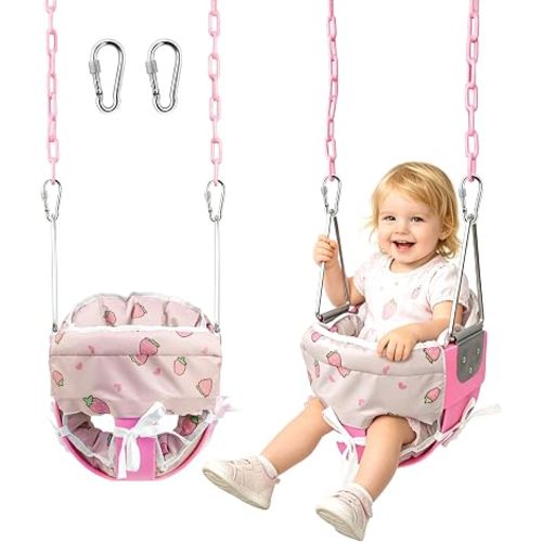 Take Me Away Pink Swing Seat - Heavy Duty High Back Full Bucket Toddler Swing Seat Chain Plastic Coated Baby Swing Outdoor - Playground Swing Set Accessories Replacement