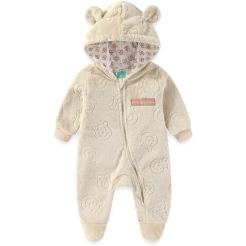 Disney Winnie the Pooh Baby Boys Hooded Embossed Faux Fur Pram Coverall Footies with Ears for Newborn and Infants