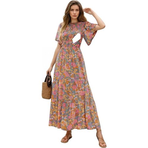 Womens Nursing Dress Summer Floral Print Short Flutter Sleeve Crew Neck Smocked High Waist Flowy Maxi with Pockets