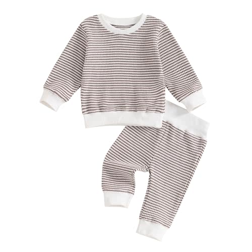 ZAXARRA Baby Boy Fall Clothes Long Sleeve Toddler Boy Waffle Sweatshirt Pullover Tops Pants Infant Fall Winter Outfits