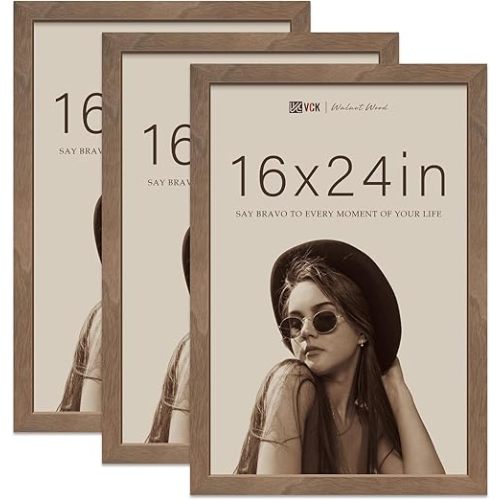 VCK 16x24 Poster Frame 3 Pack - Brown Walnut, Natural Textured Solid Wood Picture Frame, Wall Gallery Frame
