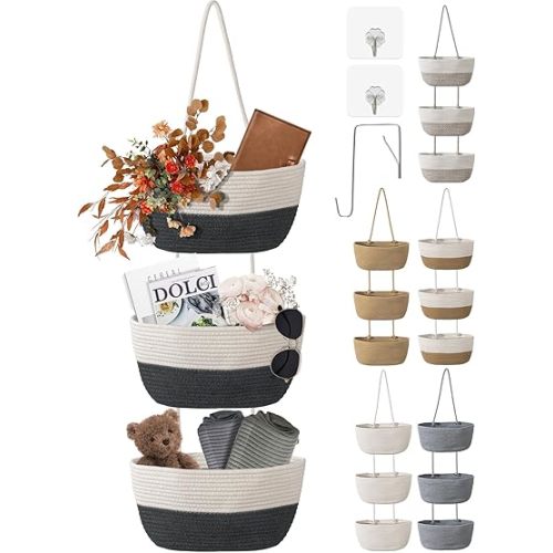 3 Tier Wall Mounted Woven Hanging Basket, Over the Door Hanging Basket with Hooks, Decorative Storage Hanging Closet Removable, Large Wall Basket for Living Room, Kitchen (White & Gray)