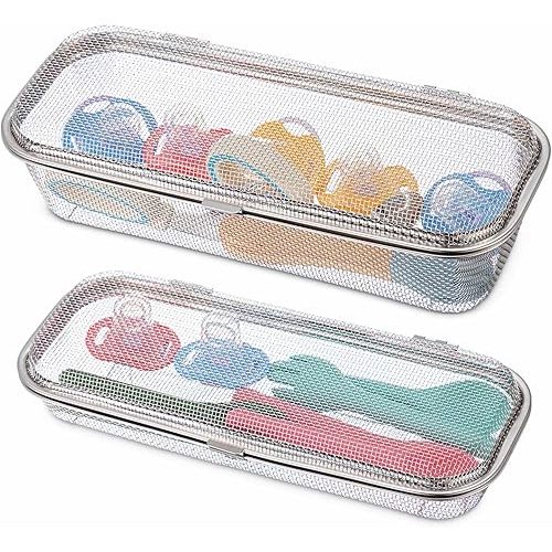 LemonRoad 2 Pack Stainless Steel Dishwasher Basket, Replacement Utensil Mesh Drain for Small Bottle Parts, Pacifiers, and Accessories, Scoops, Forks, Chopsticks Cleaning (Large+medium)