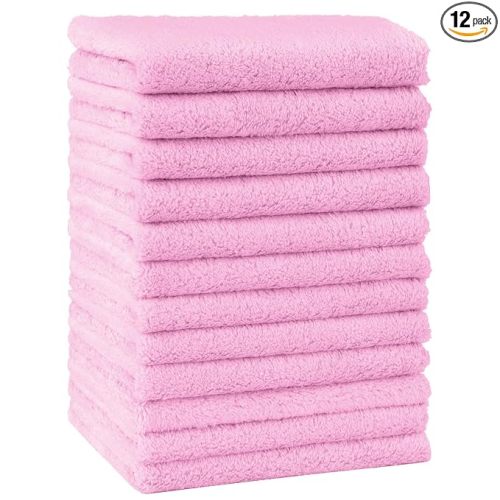 HOMEXCEL Baby Washcloths 12 Pack-Microfiber Coral Fleece Baby Bath Face Towel 7 x 9 Inch Extra Absorbent Soft Burp Cloth and Wash Cloths for Newborn-Infants and Toddlers,Light Pink