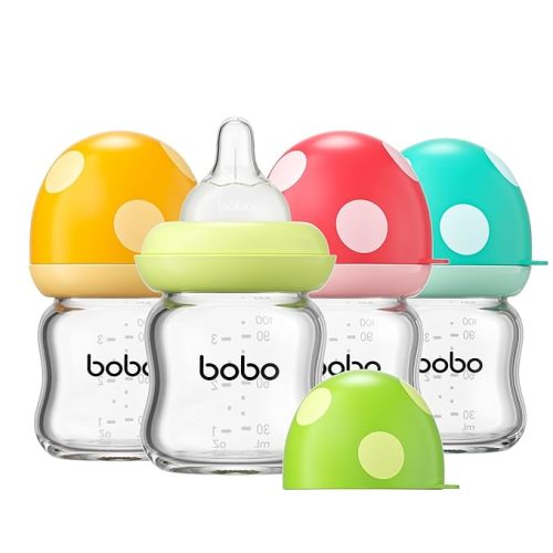 YOHKOH Natural Glass Baby Bottle with Level 1 Slow Flow Nipple, Newborn Anti-Colic Baby Bottles, Wide Neck Mushroom Baby Glass Bottle (Multicolour-A, 3.4oz (Pack of 4))