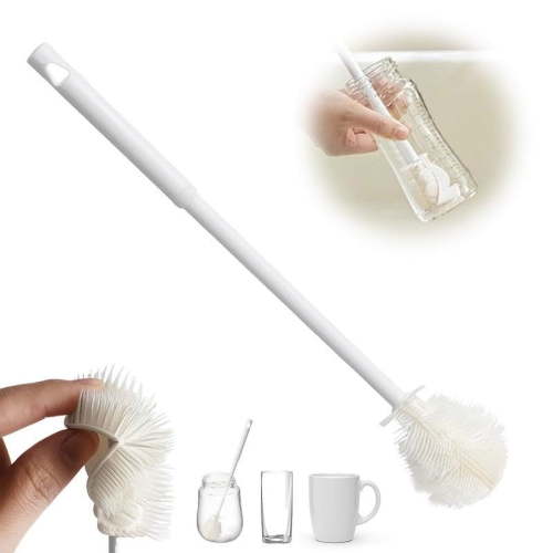 YILANP 360° Flexible Silicone Bottle Brush with Long Handle – Deep Cleaning Brush for Narrow Neck Bottles, Water Bottles, Baby Bottles, Flasks (White,1Pcs)