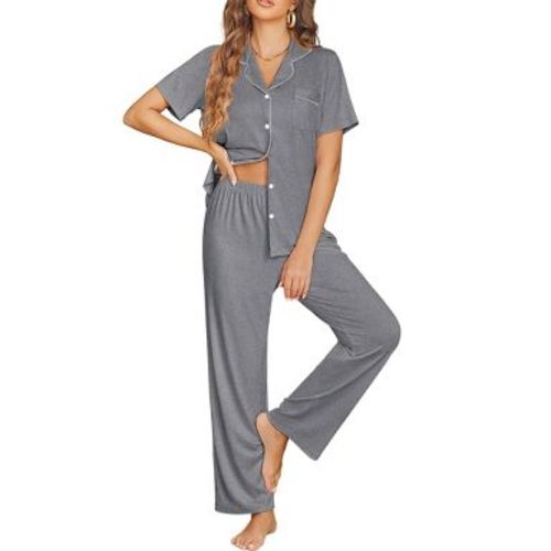 Ekouaer Womens Pajama Sets Button Down Pjs 2 Piece Short Sleeve Sleepwear with Pants Soft Loungewear Grey M