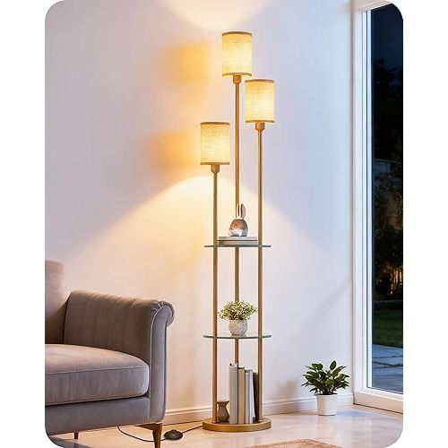 GOEBLESON Floor Lamp with Shelves, Modern Floor Lamp with 3 Linen Shades and Foot Switch, 3-Light Standing Lamp, for Living Room, Bedroom, Study, Office, Gold and Beige ED53LD05