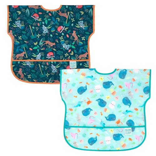 Bumkins - Junior Bib - For Boys & Girls, Toddlers & Kids 1-3 Years - Lightweight, Durable, Waterproof - Short Sleeve Bib - Catch-All Pocket - Wipeable & Machine Washable - Jungle & Ocean - 2 Pack