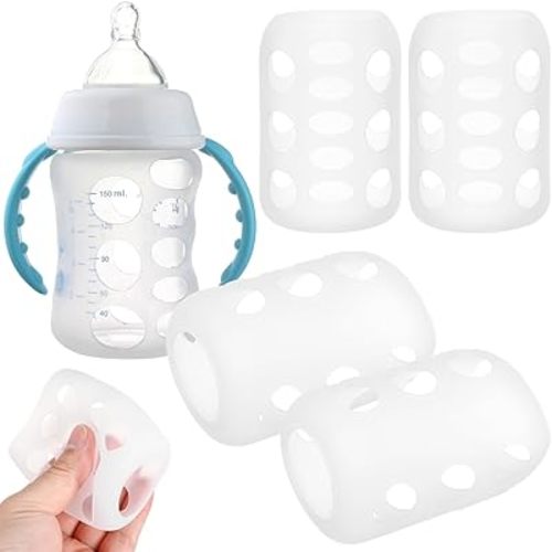 Abaodam 4Pcs Silicone Baby Bottle Sleeves, Protection Cap Milk Anti-Slip Glass Feeding Bottle Protector Covers with Scale Visibility, Shockproof Nursery Cup Sleeve for Infants 3.35X2.24 inch