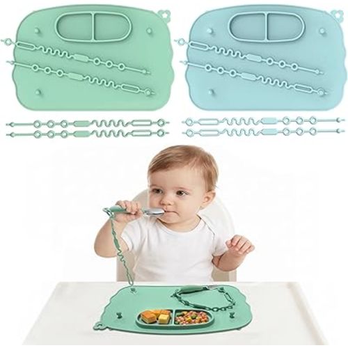 Baby Placemats for Weaning Babies - 2 Silicone Toddler Placemat with 4 Strong Suction Cups & 8 Stretchable Straps | BPA-Free Baby Table Mat for Restaurants, Dining Table & Toddler Mealtime