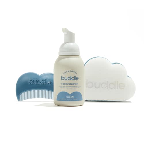 Buddle 3-Piece Baby Cradle Cap System with Foam Cleanser, Comb and Brush | No-Rinse, Easy to use, Gentle on Scalp, Dual-Sides Brush and Sponge