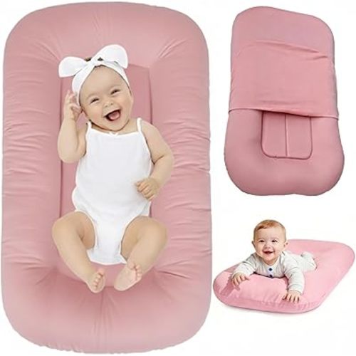 Baby Lounger 0-24 Months,Bionic Design Infant Lounger for Home and Travel with Cover,Breathable Baby Nest Waffle Fabric & 3D Support Newborn Babies Essentials Gifts,Peach Pink