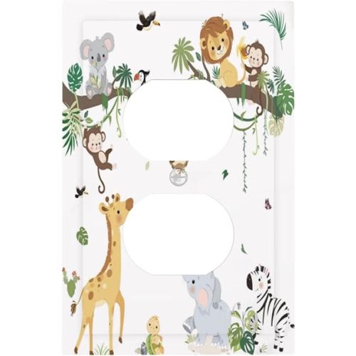 Jungle Animals Tree Branch Monkey Giraffe Lion Elephant Outlet Covers 1 Gang Duplex Light Switch Cover Decorative Switch Plates Electrical Receptacle Faceplate Wall Plate for Kids Room Nursery Decor