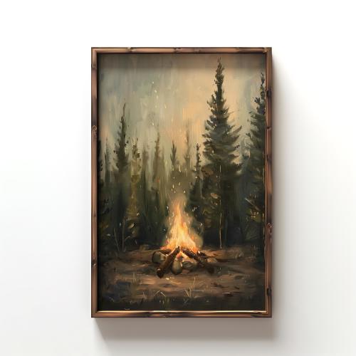 Rustic Campfire Oil Painting, Moody Pine Tree Poster Print, Camping Theme Wall Art, Cabin Wall Decor, Vintage Forest Painting, Dark Wall Art