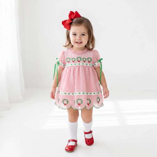 Pink Swiss Dot Chiffon Wreaths Skirted Bubble – Little Bear Smocks
