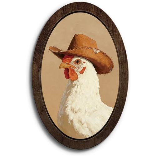 YZSLA Western Chicken with Cowboy Hat Wall Art, Oval Wooden Framed Cowboy Chicken Decor, Neutral Vintage Nursery Boy Room Farm Animal Wall Decor for Farmhouse Home Bedroom Living Room, 15.74x10.23 In