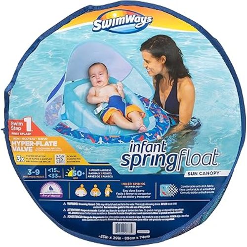 SwimWays SwimWays Infant Baby Spring Float with Adjustable Sun Canopy - Blue Shark 6067827