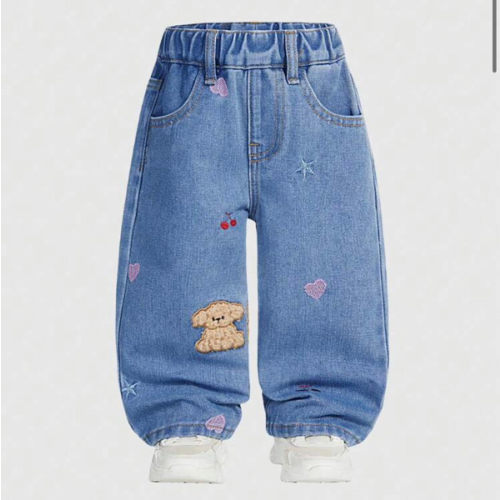 Baby Girls' Straight Leg Jeans,Cotton Embroidered Denim Pants,Pink And Blue,Summer,Cute Modest,Loose Fit,Cherry,Star,Dog Embroidery,Casual | SHEIN USA