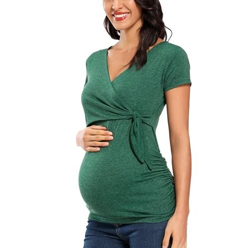 Glampunch Women's Maternity Shirts Short & Long Sleeve Tie Front Wrap Maternity Tops