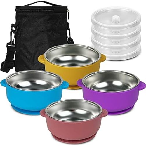BRYSEVCO Toddler Bowls – Elegant Stainless Steel Feeding Set with 4 Suction Bowls, Lids & Travel Bag – BPA-Free, Spill-Resistant & Dishwasher-Safe