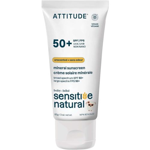 ATTITUDE Sensitive Skin Baby Mineral Sunscreen SPF 50, Broad Spectrum Zinc Oxide, EWG Verified, Mineral-Based, Non-Nano, Lightweight Cream for Face & Body, Unscented, 3 Oz