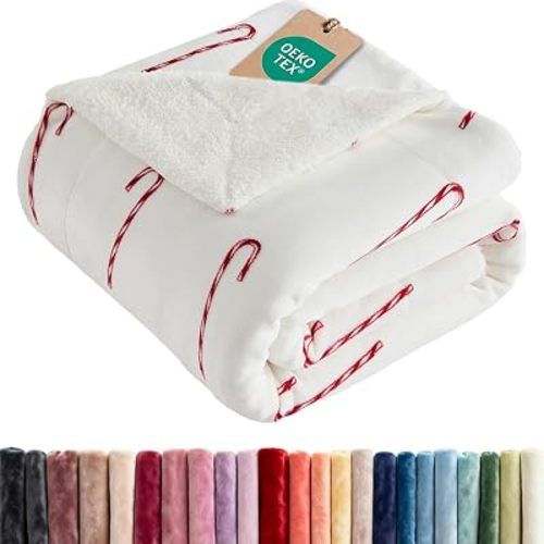 Christmas Sherpa Blanket Throw Size, Reversible Blanket - Candy Cane, 50x60