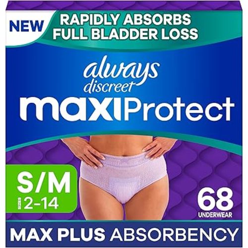 Always Discreet MaxiProtect Adult Diapers for Women, Incontinence Underwear, Scented, Postpartum Essentials, Bladder Leak Protection, Disposable Briefs, Maximum Plus Absorbency, Size S/M, 68 Count