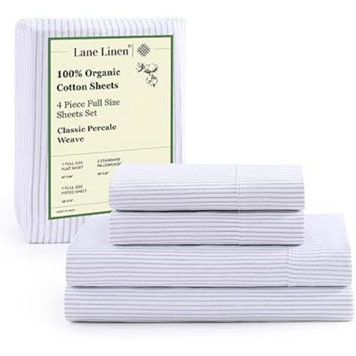 LANE LINEN 100% Organic Cotton Full Sheet Set, Low Pilling Fade Resistant Machine Washable Naturally Cooling Full Bed Sheets, Soft & Comfy Printed Cotton Bedding- Blue Ticking Stripe