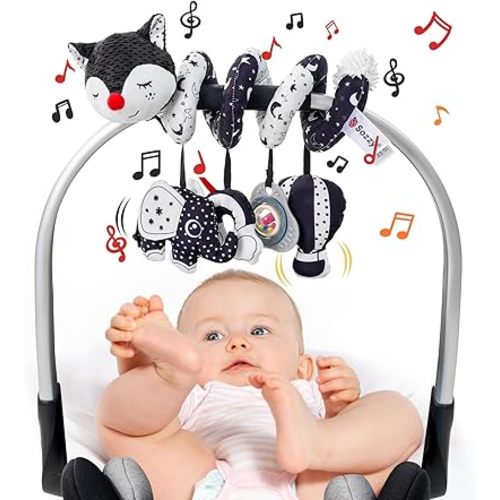 Jollybaby Crib Stroller Car Seat Toys for Baby 0-3-6-9-12 Months, Tummy Time Hanging Sensory Toys for Newborn with Music Box and Teether, Spiral Carseat Toy for Infant Boy Girl Gift (Black and White)