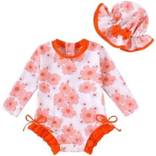 Infant Baby Swimsuit Girl Long Sleeve UPF 50+ Sun Protection One-Piece Rash Guard with Hat Zipper Bathing Suit