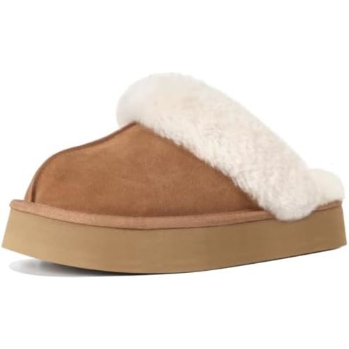 Fuzzy Platform Slippers for Women - Women's Casual Winter House Slippers - Brown, Faux Fur & Shearling Blend - Women's Size