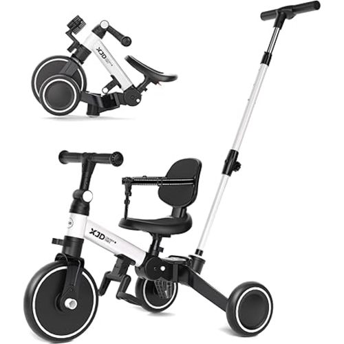 XJD Toddler Bike, 6 in 1 Folding Toddler Tricycle for 1-4 Year Old with Parental Control Handle, Balance Bike with Removable Pedal, Backrest, Adjustable Seat and Handle, First Birthday Gifts (White)