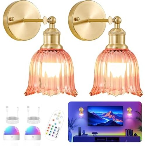 Vintage Battery Operated Wall Sconce Set of 2 (Pink, Short Pole)