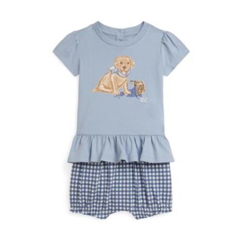 Baby Girls Dog-Print Cotton T-Shirt & Gingham Bloomer