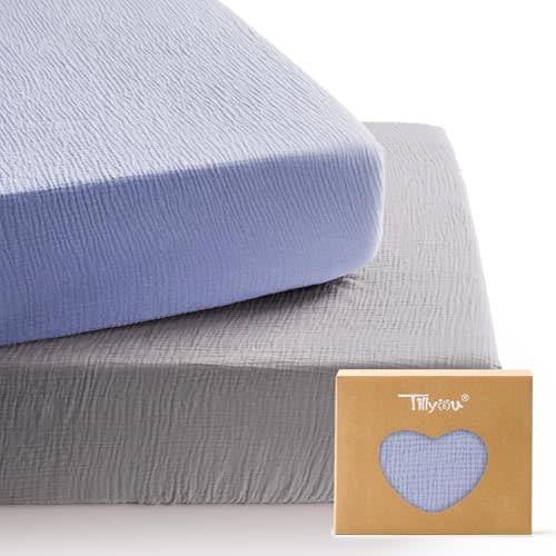 TILLYOU 2 Pack Muslin Crib Sheets for Boys and Girls, 100% Cotton Fitted Crib Sheet for Toddler 52x28 Standard Crib Mattress, Grey and Blue