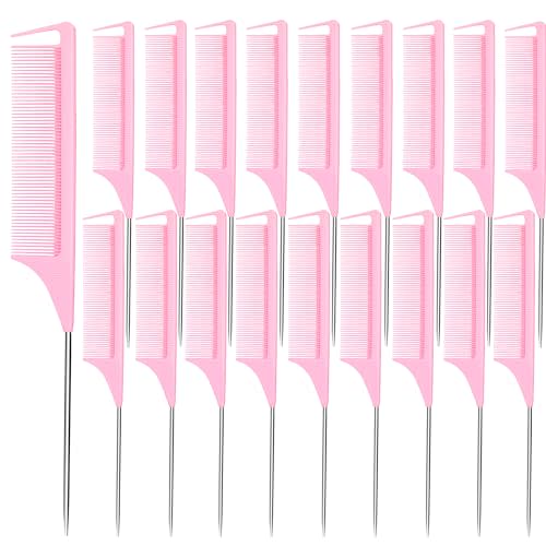 Rat Tail Combs 20 PCS, Parting Combs for Braiding Hair Carbon fiber heat-resistant anti-static,for Sectioning, Parting, Styling Hairs (Pink)
